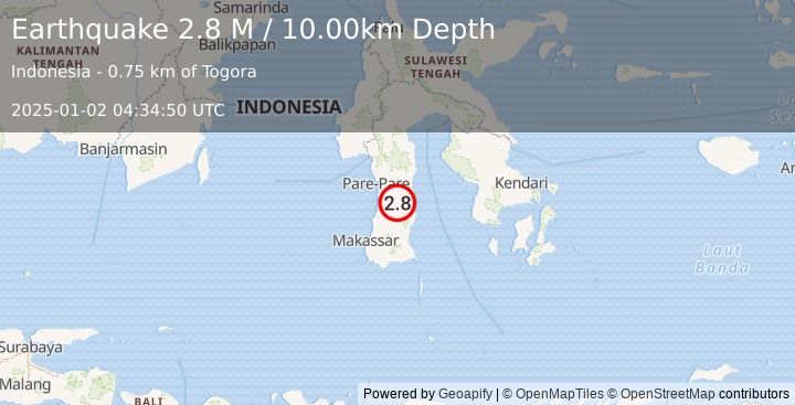 Earthquake Sulawesi, Indonesia (2.8 M) (2025-01-02 04:34:50 UTC)