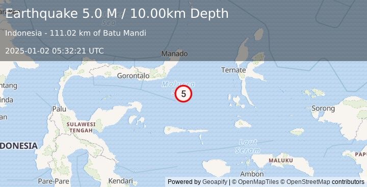 Earthquake Southern Molucca Sea (4.9 M) (2025-01-02 05:32:23 UTC)