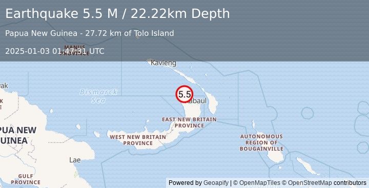 Earthquake New Ireland Region, Papua New Guinea (5.5 M) (2025-01-03 01:47:31 UTC)