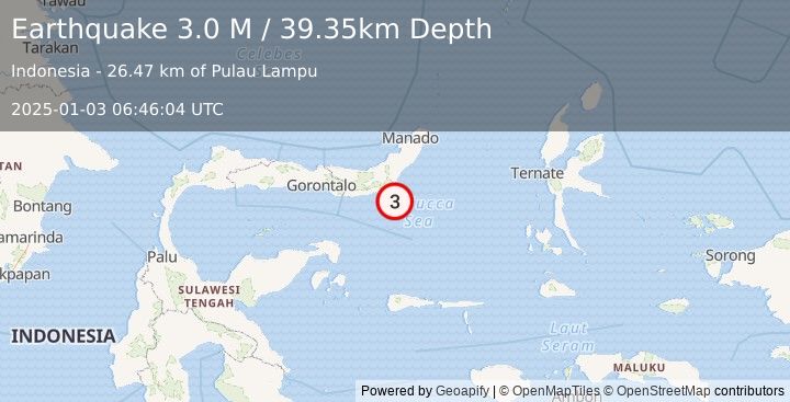 Earthquake Minahassa Peninsula, Sulawesi (3.0 M) (2025-01-03 06:46:04 UTC)