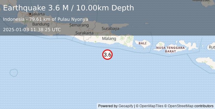 Earthquake South of Java, Indonesia (3.6 M) (2025-01-03 11:38:25 UTC)