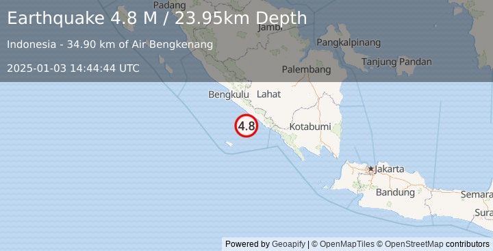 Earthquake Southern Sumatra, Indonesia (4.8 M) (2025-01-03 14:44:44 UTC)