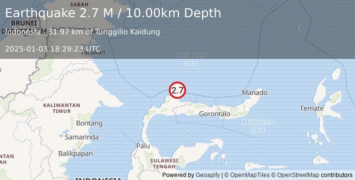 Earthquake Minahassa Peninsula, Sulawesi (2.7 M) (2025-01-03 18:29:23 UTC)