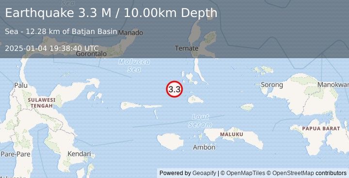 Earthquake Southern Molucca Sea (3.3 M) (2025-01-04 19:38:40 UTC)