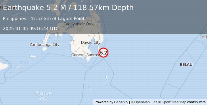 Earthquake Mindanao, Philippines (5.2 M) (2025-01-05 09:16:44 UTC)