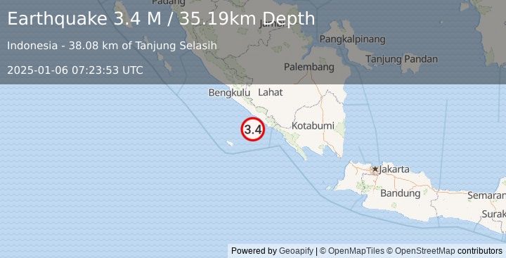 Earthquake Southern Sumatra, Indonesia (3.4 M) (2025-01-06 07:23:53 UTC)