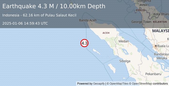 Earthquake Off West Coast of Northern Sumatra (4.3 M) (2025-01-06 14:59:43 UTC)