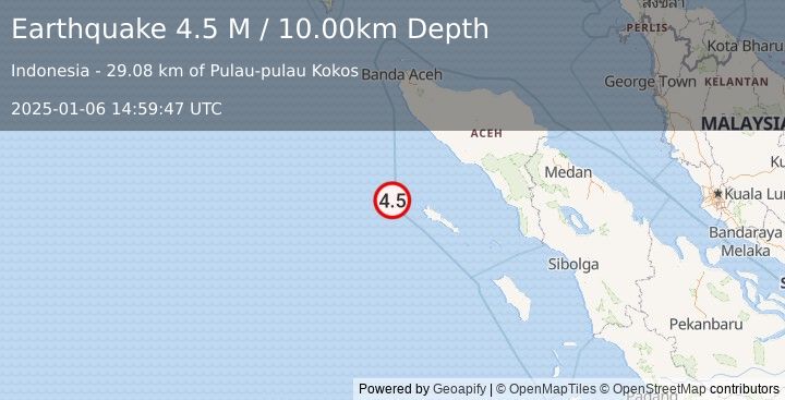 Earthquake Off West Coast of Northern Sumatra (4.5 M) (2025-01-06 14:59:47 UTC)