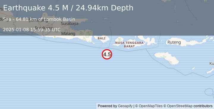 Earthquake South of Bali, Indonesia (4.5 M) (2025-01-08 15:59:35 UTC)