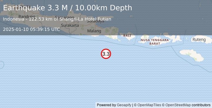 Earthquake South of Java, Indonesia (3.4 M) (2025-01-10 05:39:13 UTC)