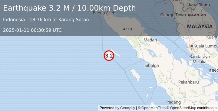 Earthquake Off West Coast of Northern Sumatra (3.2 M) (2025-01-11 00:30:59 UTC)