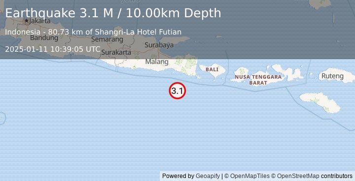 Earthquake South of Java, Indonesia (3.1 M) (2025-01-11 10:39:05 UTC)