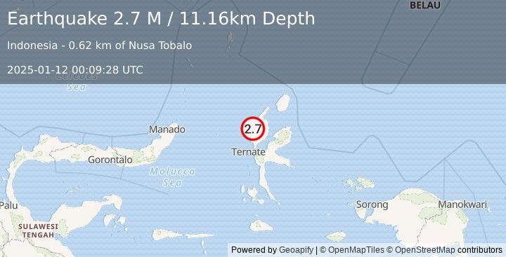 Earthquake Halmahera, Indonesia (2.7 M) (2025-01-12 00:09:28 UTC)