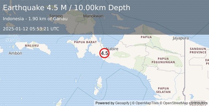 Earthquake West Papua Region, Indonesia (4.5 M) (2025-01-12 05:53:21 UTC)