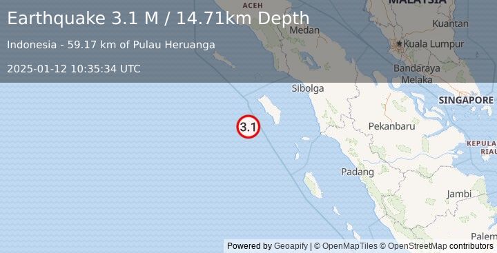 Earthquake Off West Coast of Northern Sumatra (3.1 M) (2025-01-12 10:35:34 UTC)