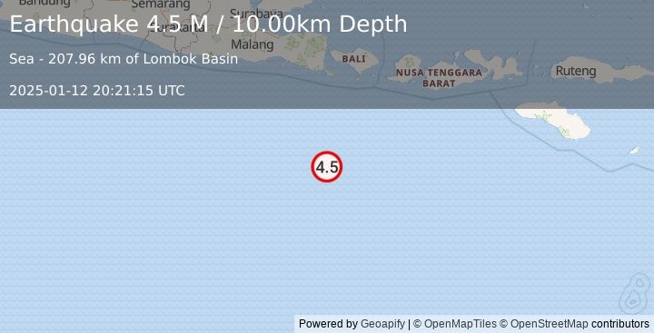 Earthquake South of Bali, Indonesia (4.5 M) (2025-01-12 20:21:15 UTC)