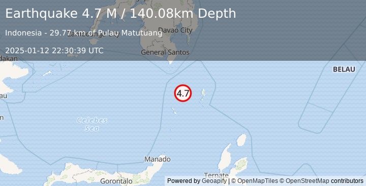 Earthquake Talaud Islands, Indonesia (4.7 M) (2025-01-12 22:30:39 UTC)