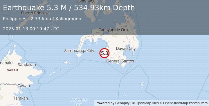 Earthquake Mindanao, Philippines (5.3 M) (2025-01-13 00:19:47 UTC)