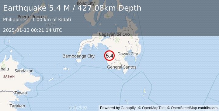 Earthquake Mindanao, Philippines (5.4 M) (2025-01-13 00:21:14 UTC)