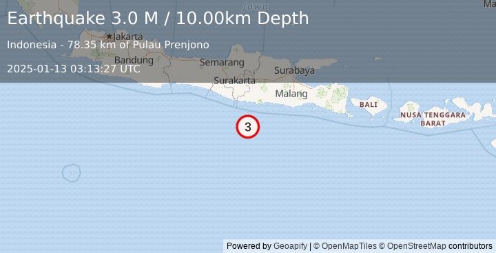 Earthquake South of Java, Indonesia (3.0 M) (2025-01-13 03:13:27 UTC)