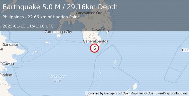 Earthquake Mindanao, Philippines (5.0 M) (2025-01-13 11:41:10 UTC)