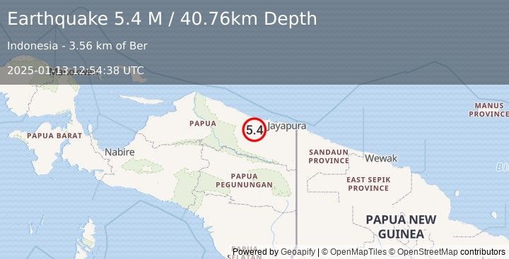 Earthquake Near North Coast of West Papua (5.5 M) (2025-01-13 12:54:37 UTC)