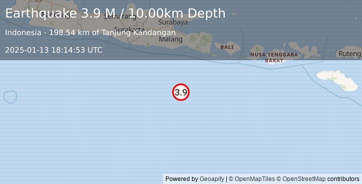 Earthquake South of Java, Indonesia (3.9 M) (2025-01-13 18:14:53 UTC)