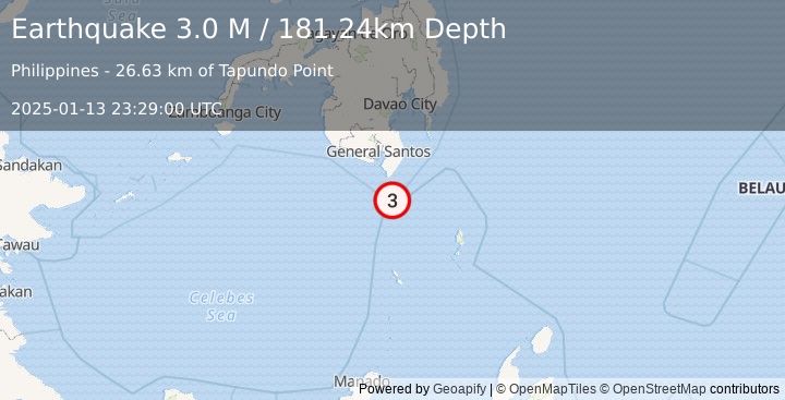 Earthquake Mindanao, Philippines (3.0 M) (2025-01-13 23:29:00 UTC)