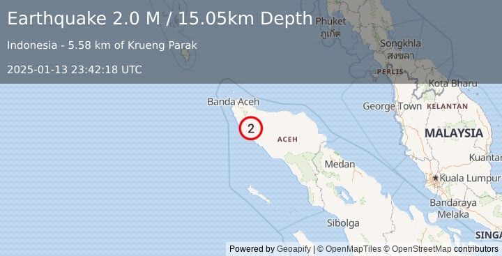 Earthquake Northern Sumatra, Indonesia (2.0 M) (2025-01-13 23:42:18 UTC)