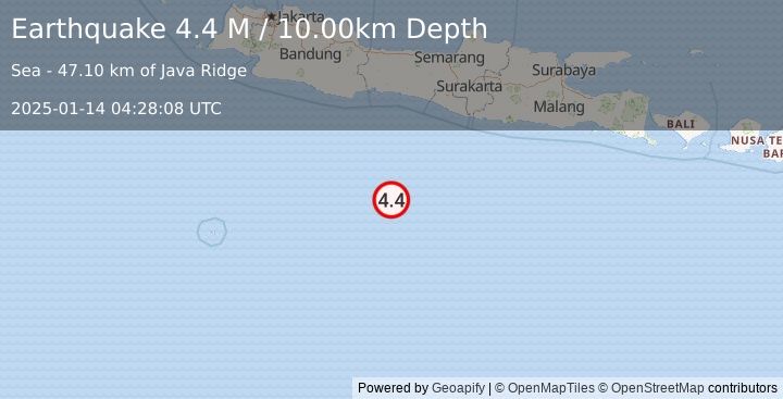 Earthquake South of Java, Indonesia (4.4 M) (2025-01-14 04:28:08 UTC)