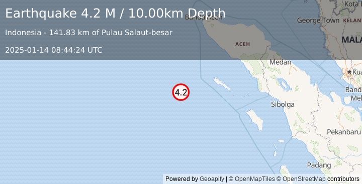 Earthquake Off West Coast of Northern Sumatra (4.2 M) (2025-01-14 08:44:24 UTC)