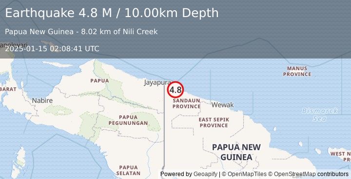 Earthquake Near North Coast of Papua New Guinea (4.8 M) (2025-01-15 02:08:41 UTC)