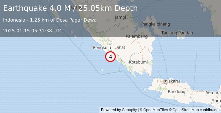 Earthquake Southern Sumatra, Indonesia (4.0 M) (2025-01-15 05:31:38 UTC)