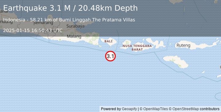 Earthquake South of Bali, Indonesia (3.1 M) (2025-01-15 16:50:43 UTC)