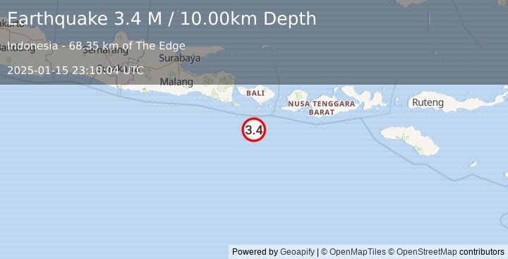 Earthquake South of Bali, Indonesia (3.4 M) (2025-01-15 23:10:04 UTC)