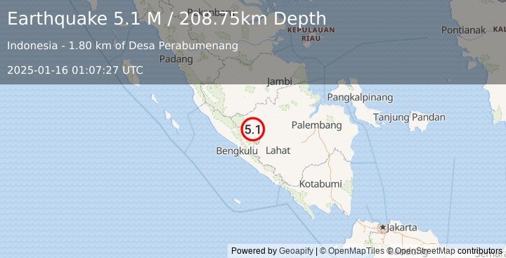 Earthquake Southern Sumatra, Indonesia (5.1 M) (2025-01-16 01:07:27 UTC)