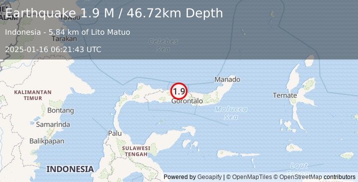 Earthquake Minahassa Peninsula, Sulawesi (1.9 M) (2025-01-16 06:21:43 UTC)