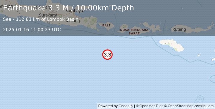 Earthquake South of Bali, Indonesia (3.3 M) (2025-01-16 11:00:23 UTC)