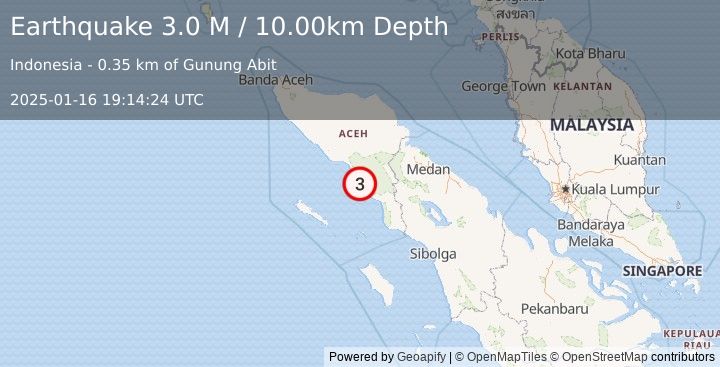 Earthquake Northern Sumatra, Indonesia (3.0 M) (2025-01-16 19:14:24 UTC)