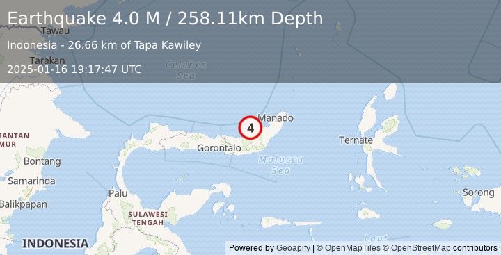 Earthquake Minahassa Peninsula, Sulawesi (4.0 M) (2025-01-16 19:17:47 UTC)