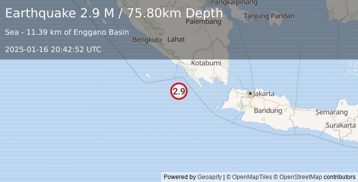 Earthquake Southwest of Sumatra, Indonesia (2.9 M) (2025-01-16 20:42:52 UTC)