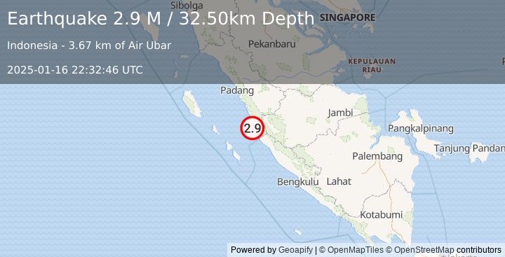 Earthquake Southern Sumatra, Indonesia (2.9 M) (2025-01-16 22:32:46 UTC)