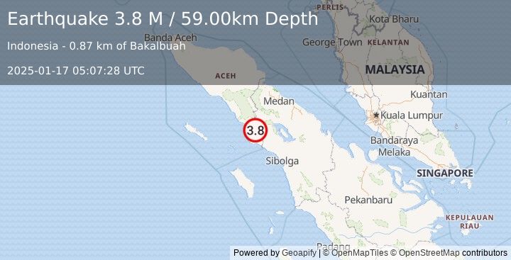 Earthquake Northern Sumatra, Indonesia (3.8 M) (2025-01-17 05:07:28 UTC)