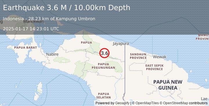 Earthquake West Papua, Indonesia (3.6 M) (2025-01-17 14:23:01 UTC)