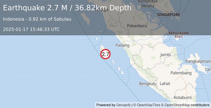 Earthquake Southern Sumatra, Indonesia (2.7 M) (2025-01-17 15:46:33 UTC)