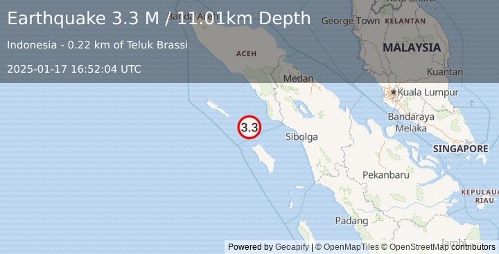 Earthquake Northern Sumatra, Indonesia (3.3 M) (2025-01-17 16:52:04 UTC)