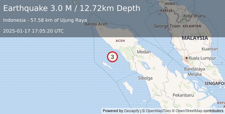 Earthquake Northern Sumatra, Indonesia (3.0 M) (2025-01-17 17:05:20 UTC)