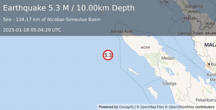 Earthquake Off West Coast of Northern Sumatra (5.2 M) (2025-01-18 05:04:30 UTC)