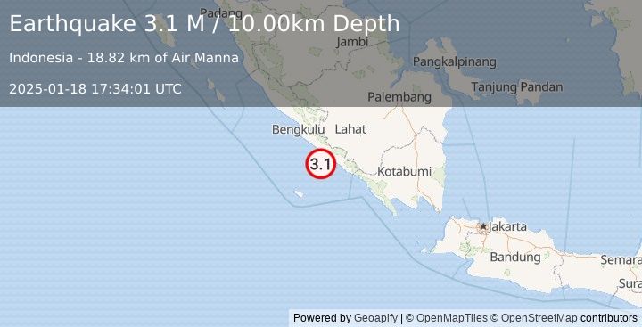 Earthquake Southern Sumatra, Indonesia (3.1 M) (2025-01-18 17:34:01 UTC)