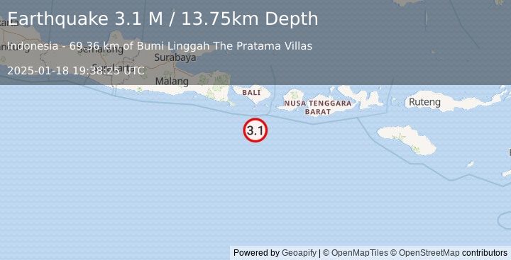 Earthquake South of Bali, Indonesia (3.1 M) (2025-01-18 19:38:25 UTC)